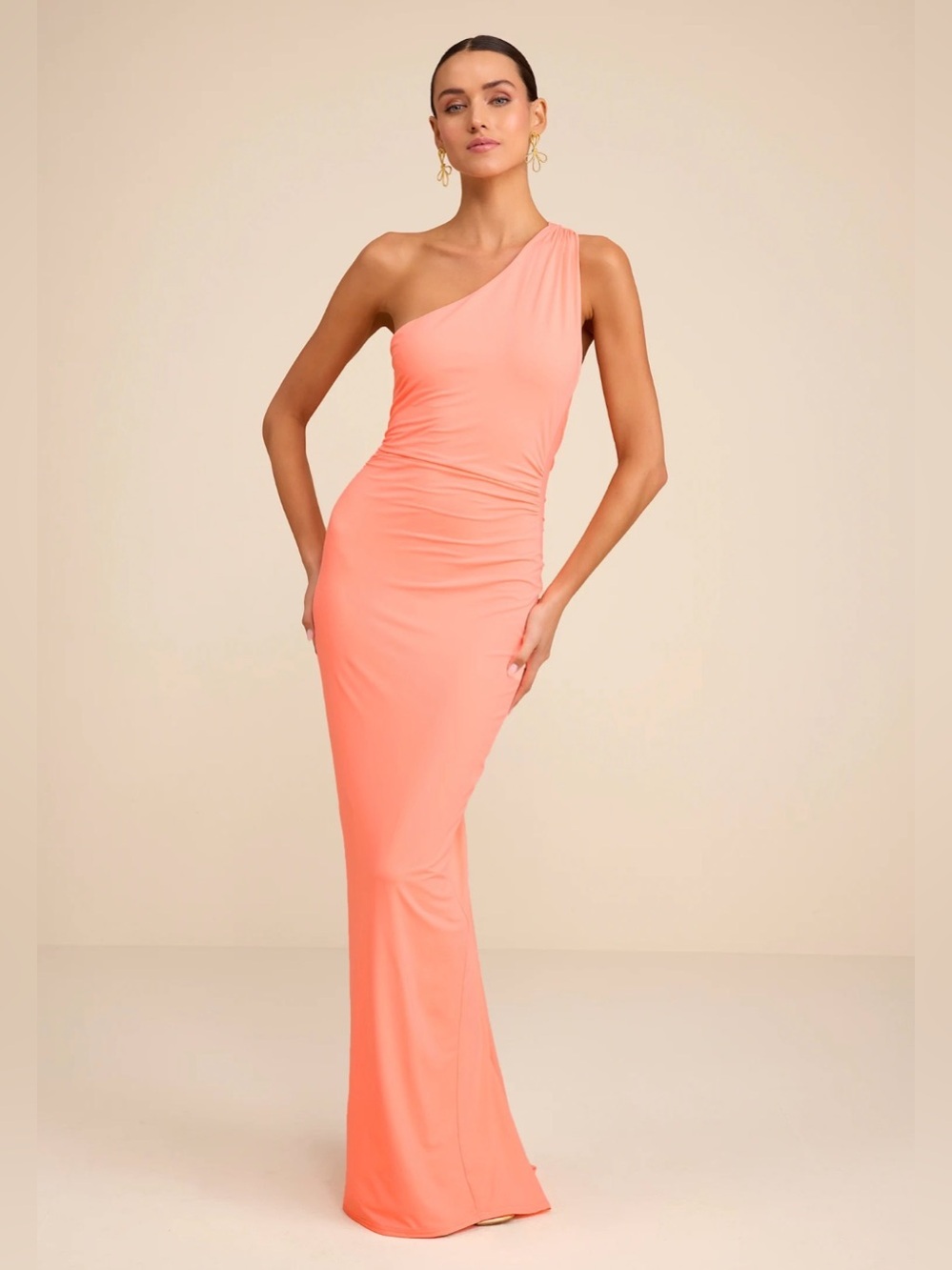Lulus Cressida Peach Slinky Knit One-Shoulder Mermaid Maxi Dress Size Medium NEW